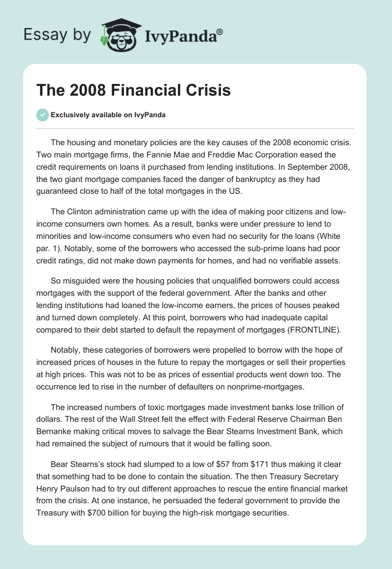 The 2008 Financial Crisis. Page 1