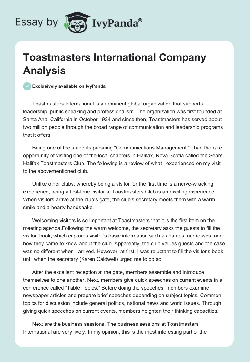 Toastmasters International Company Analysis. Page 1