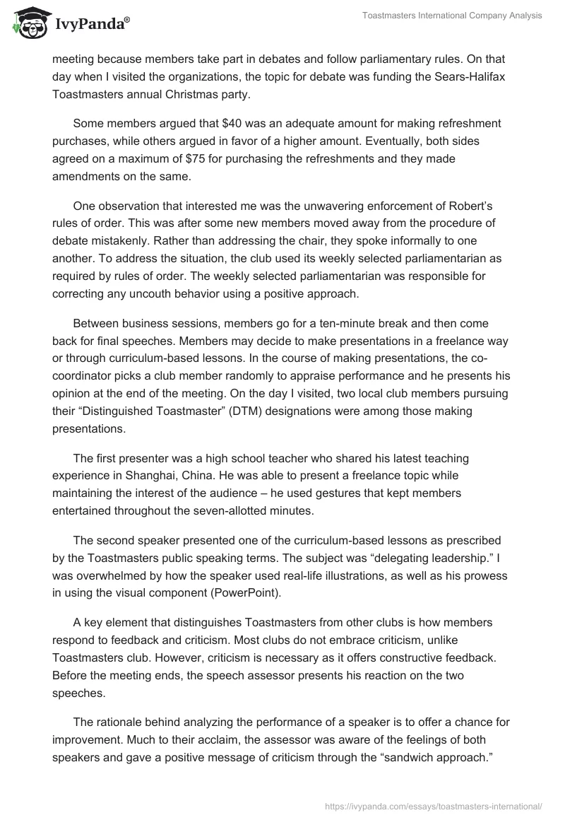 Toastmasters International Company Analysis. Page 2