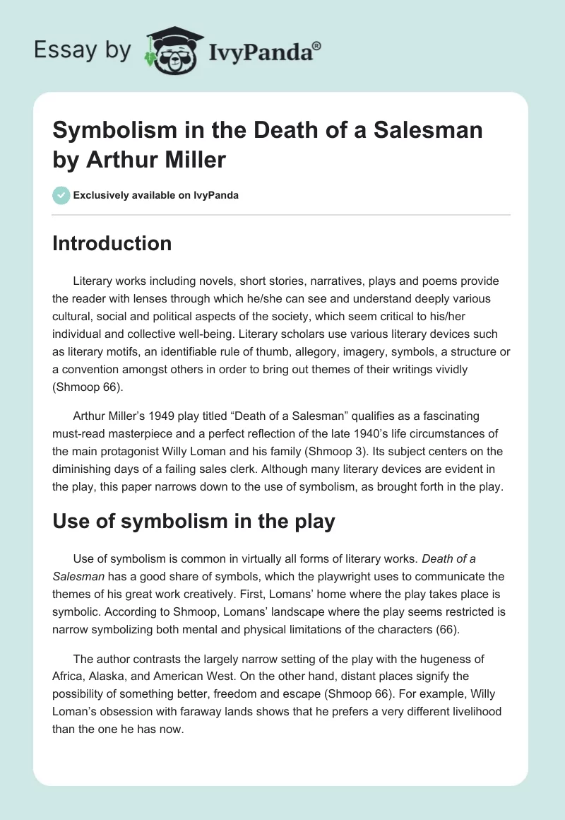 Symbolism in the "Death of a Salesman" by Arthur Miller. Page 1