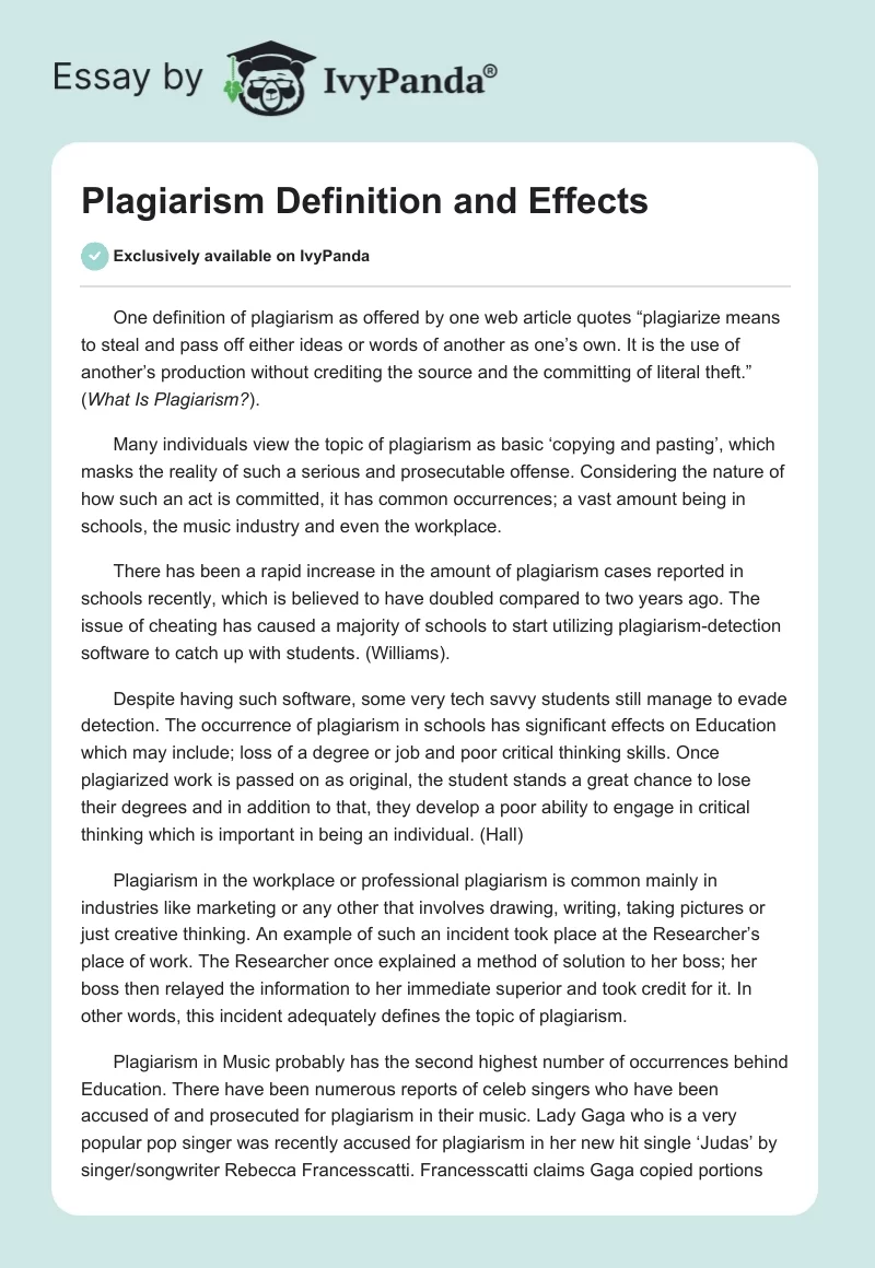 Plagiarism Definition and Effects. Page 1