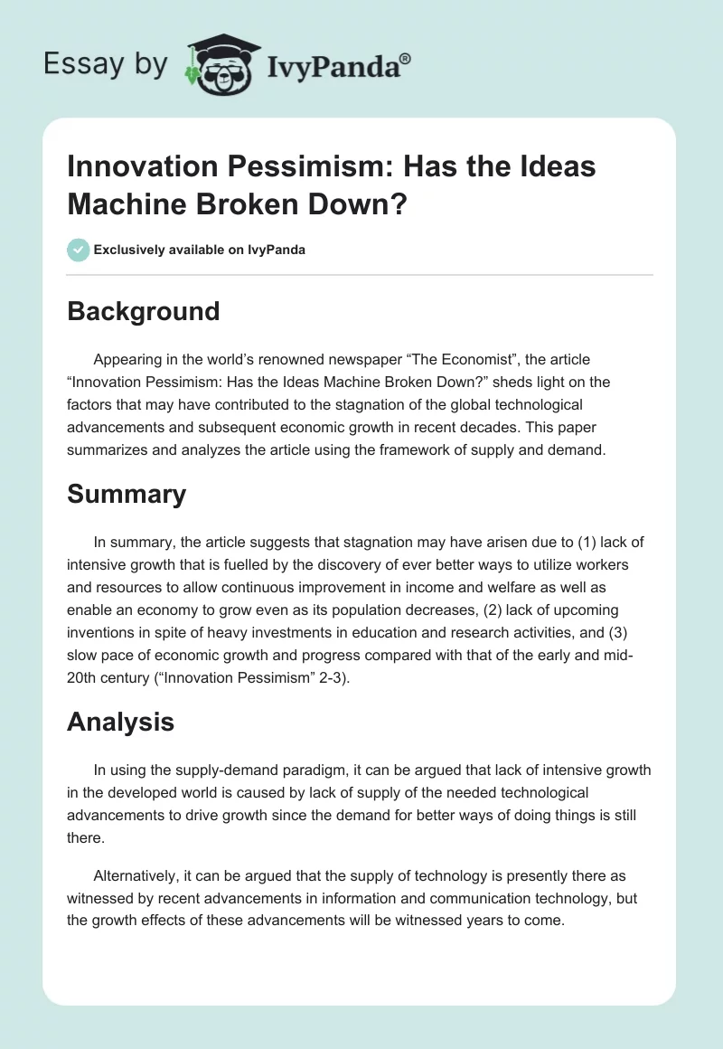 Innovation Pessimism: Has the Ideas Machine Broken Down?. Page 1