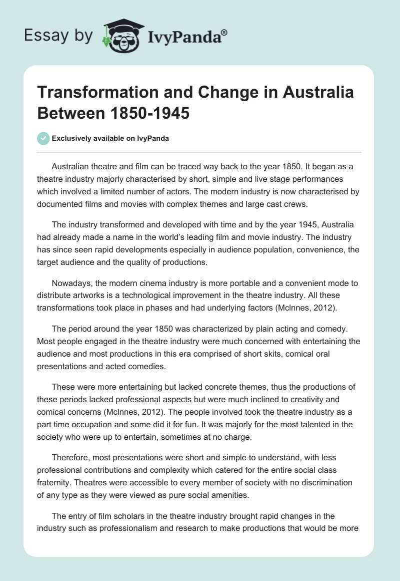 Transformation and Change in Australia Between 1850-1945. Page 1