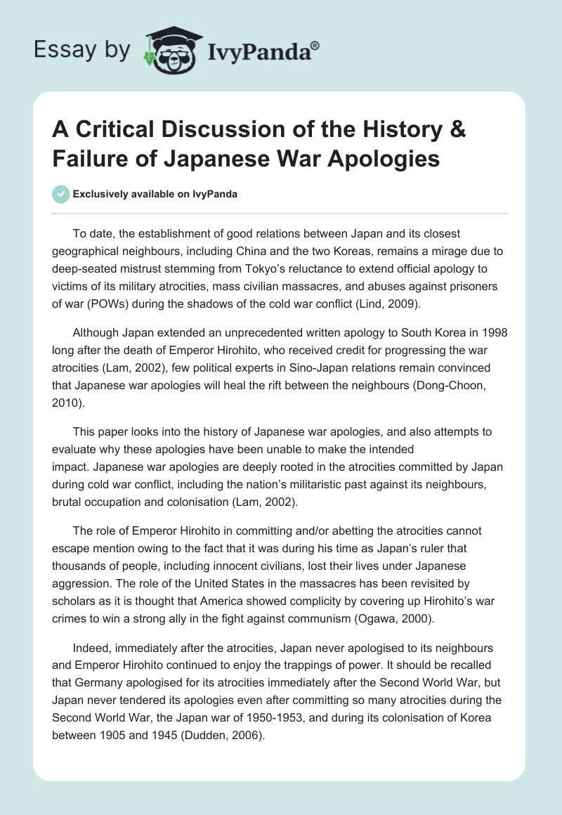 A Critical Discussion of the History & Failure of Japanese War Apologies. Page 1