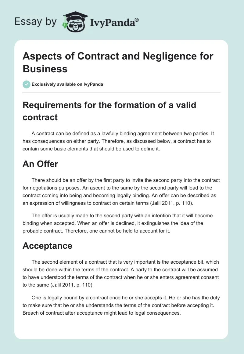 Aspects of Contract and Negligence for Business. Page 1