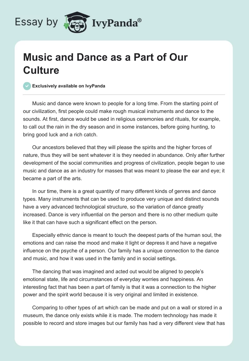 Music and Dance as a Part of Our Culture. Page 1