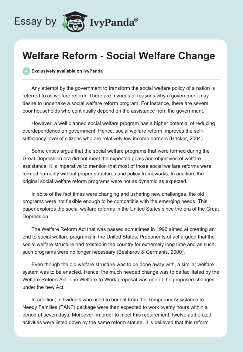 Welfare Reform - Social Welfare Change. Page 1