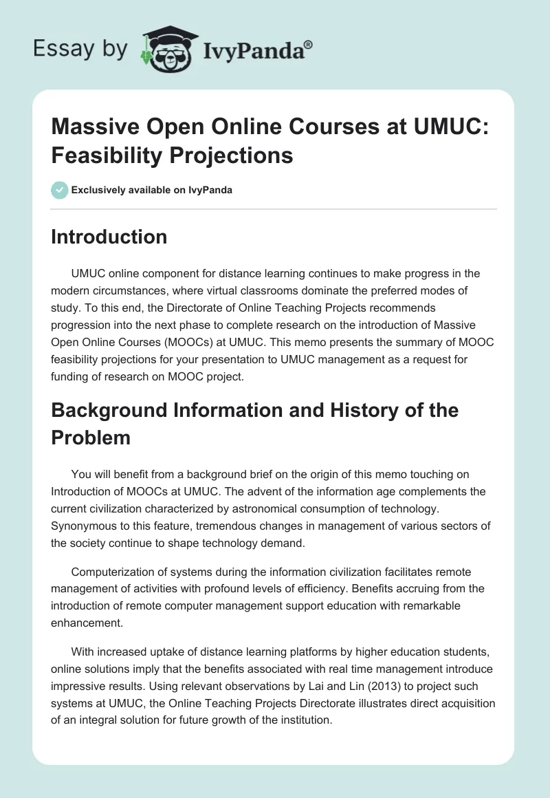 Massive Open Online Courses at UMUC: Feasibility Projections. Page 1