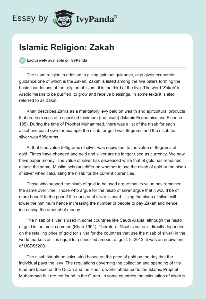 Islamic Religion: Zakah. Page 1