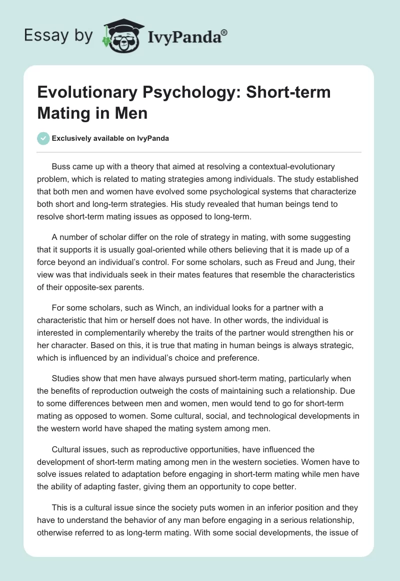 Evolutionary Psychology: Short-term Mating in Men. Page 1