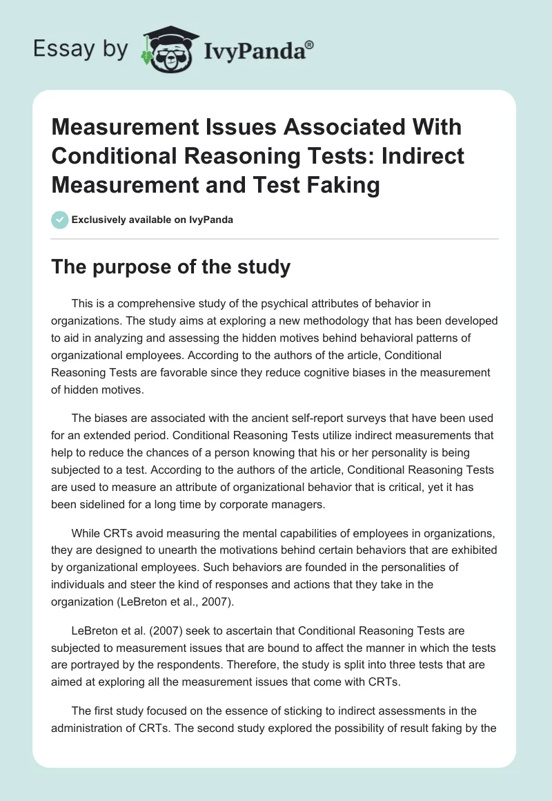 Measurement Issues Associated With Conditional Reasoning Tests: Indirect Measurement and Test Faking. Page 1