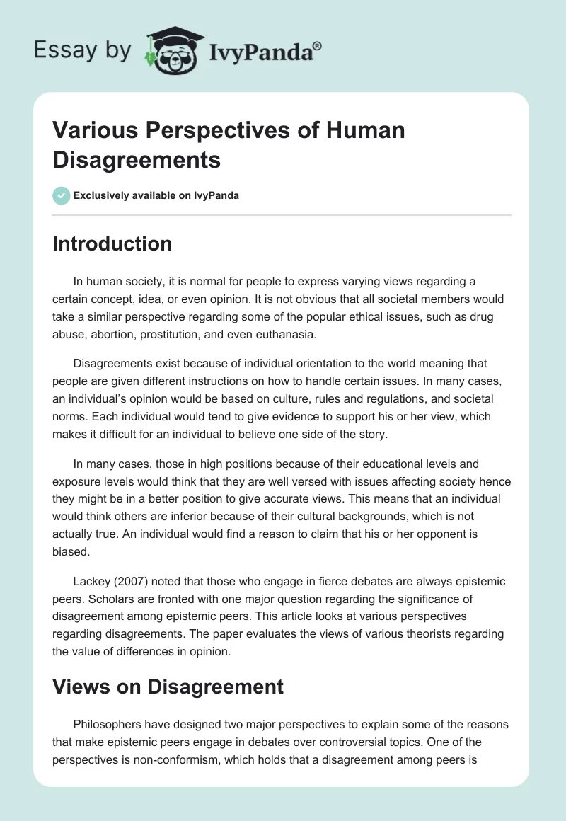 Various Perspectives of Human Disagreements. Page 1