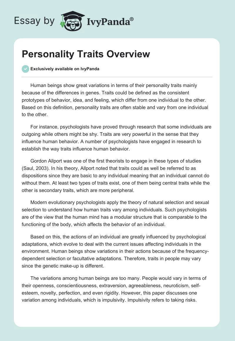 Personality Traits Overview. Page 1