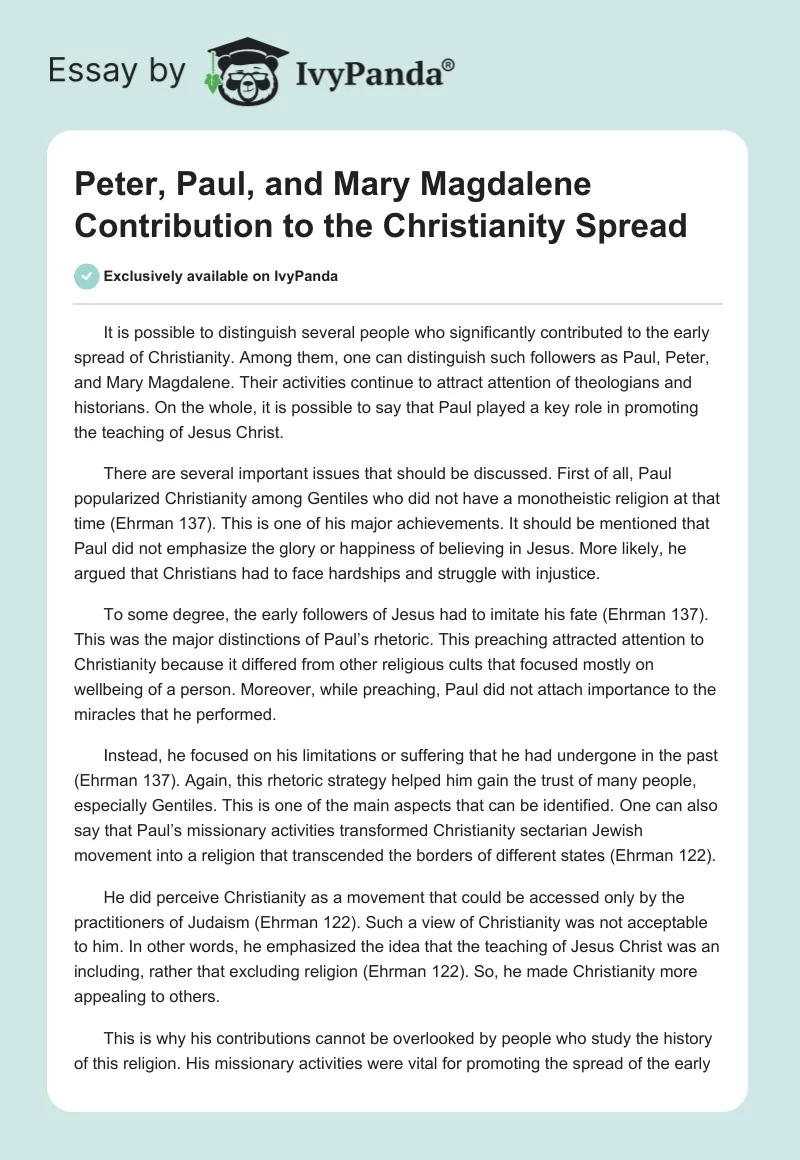 Peter, Paul, and Mary Magdalene Contribution to the Christianity Spread. Page 1