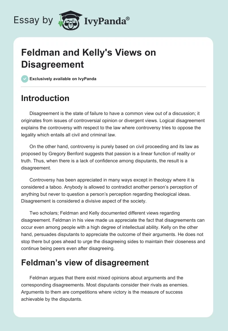 Feldman and Kelly's Views on Disagreement. Page 1