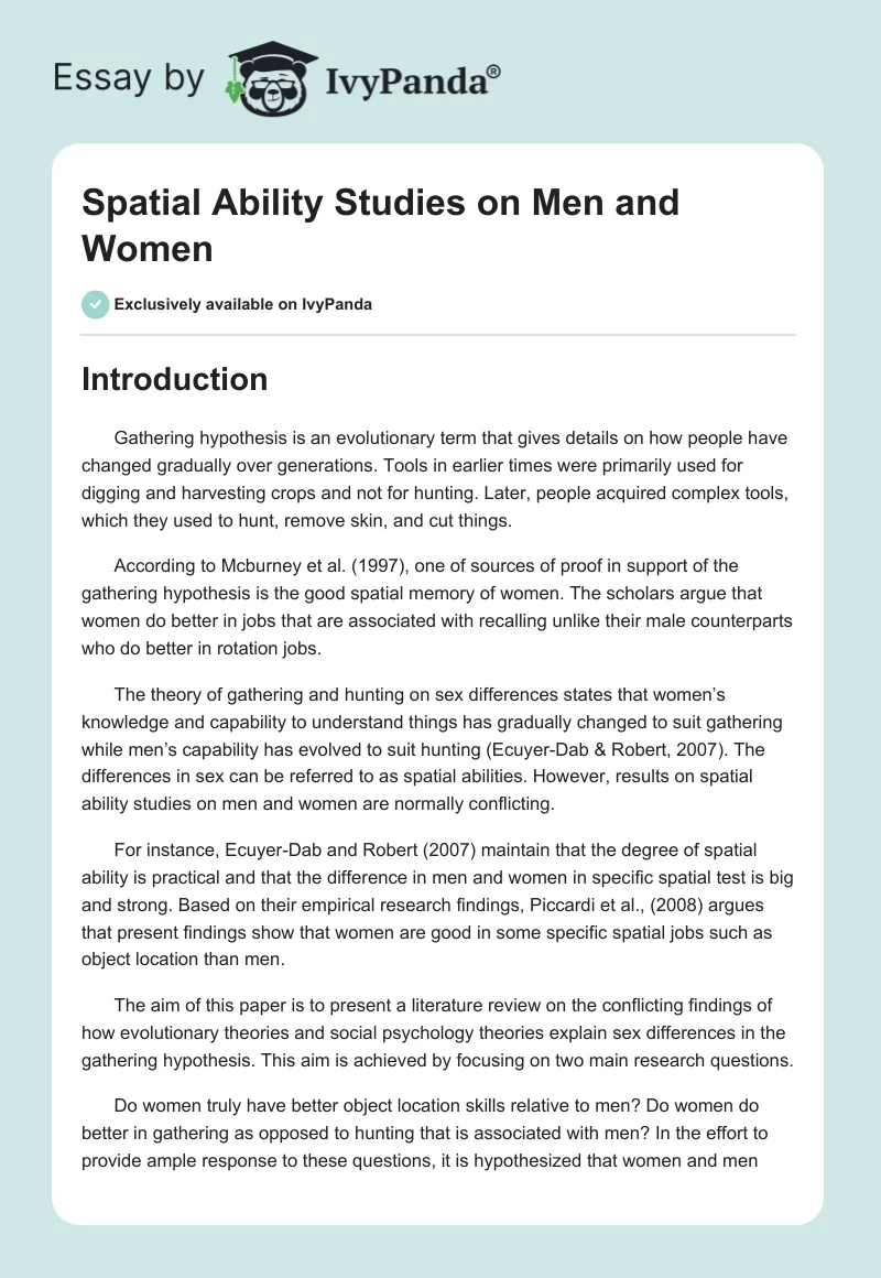 Spatial Ability Studies on Men and Women. Page 1