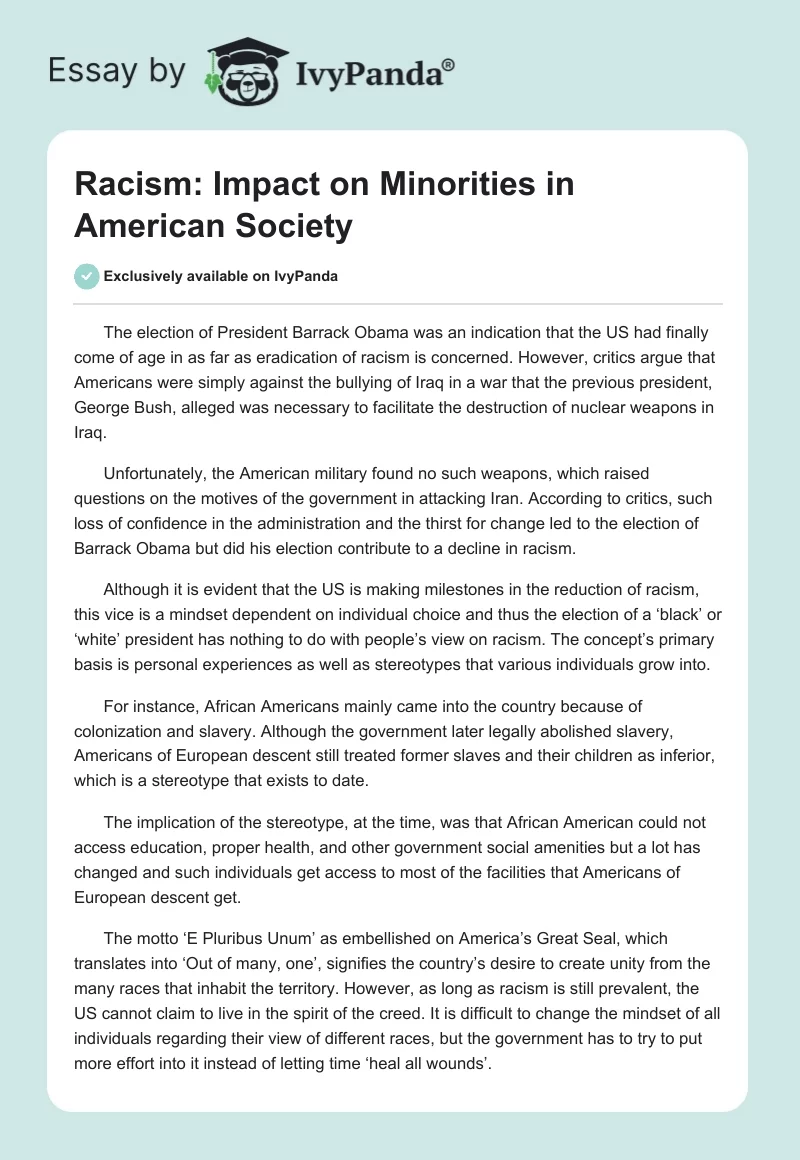 Racism: Impact on Minorities in American Society. Page 1
