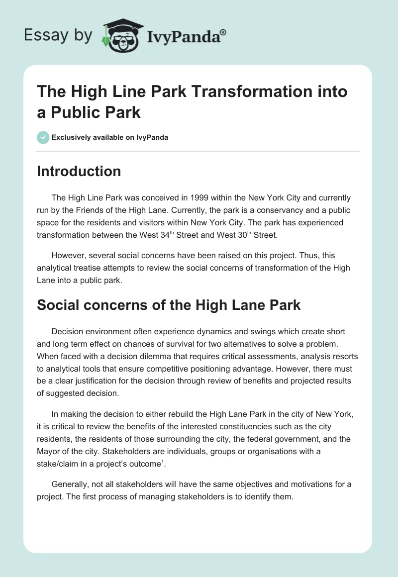 The High Line Park Transformation into a Public Park. Page 1
