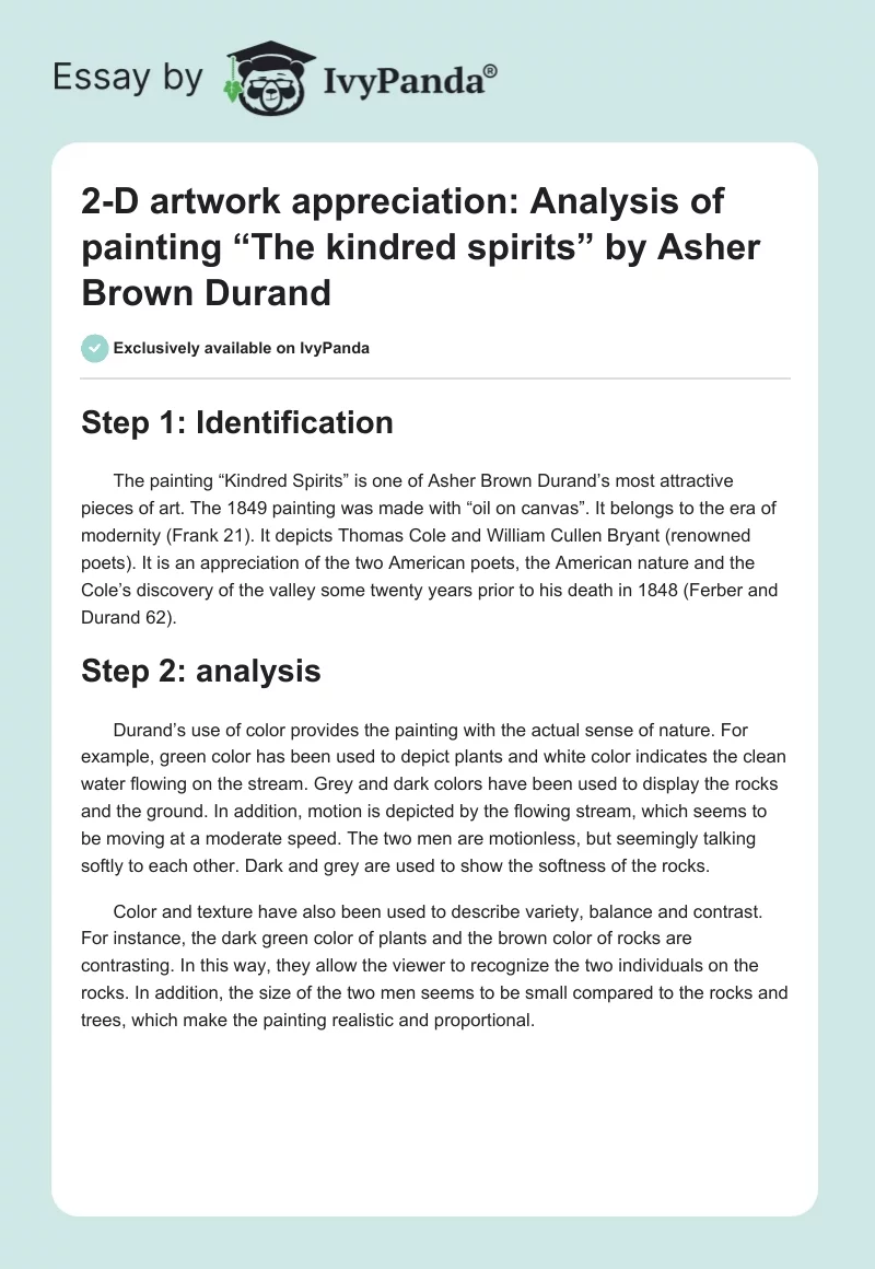 2-D artwork appreciation: Analysis of painting “The kindred spirits” by Asher Brown Durand. Page 1