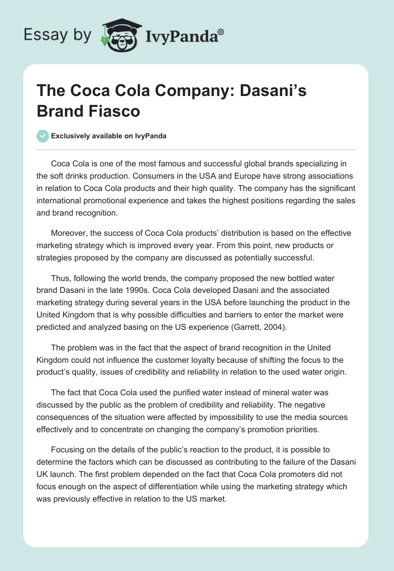 The Coca Cola Company: Dasani’s Brand Fiasco. Page 1