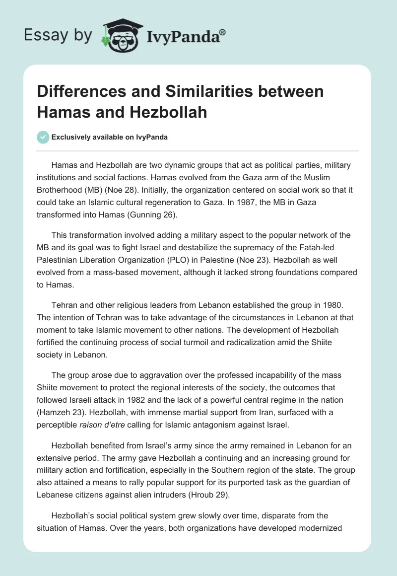 Differences and Similarities between Hamas and Hezbollah. Page 1