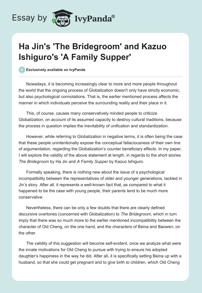 Ha Jin's 'The Bridegroom' and Kazuo Ishiguro's 'A Family Supper'. Page 1