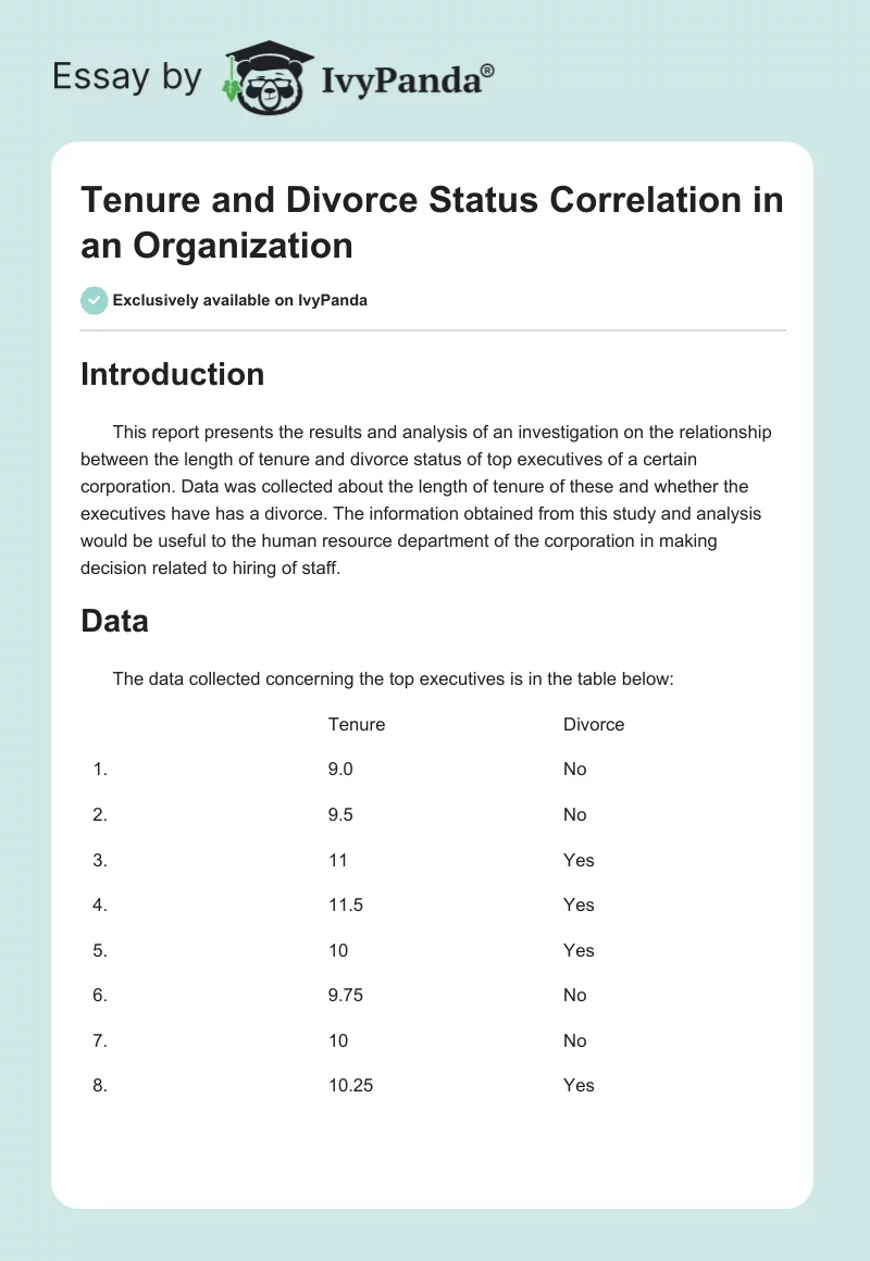 Tenure and Divorce Status Correlation in an Organization. Page 1