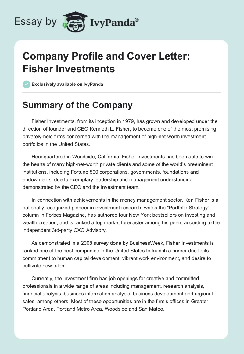 Company Profile and Cover Letter: Fisher Investments. Page 1