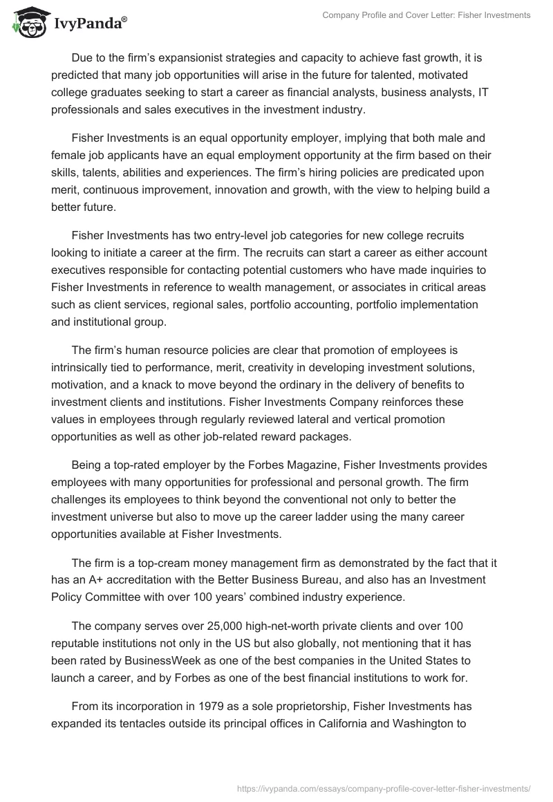 Company Profile and Cover Letter: Fisher Investments. Page 2