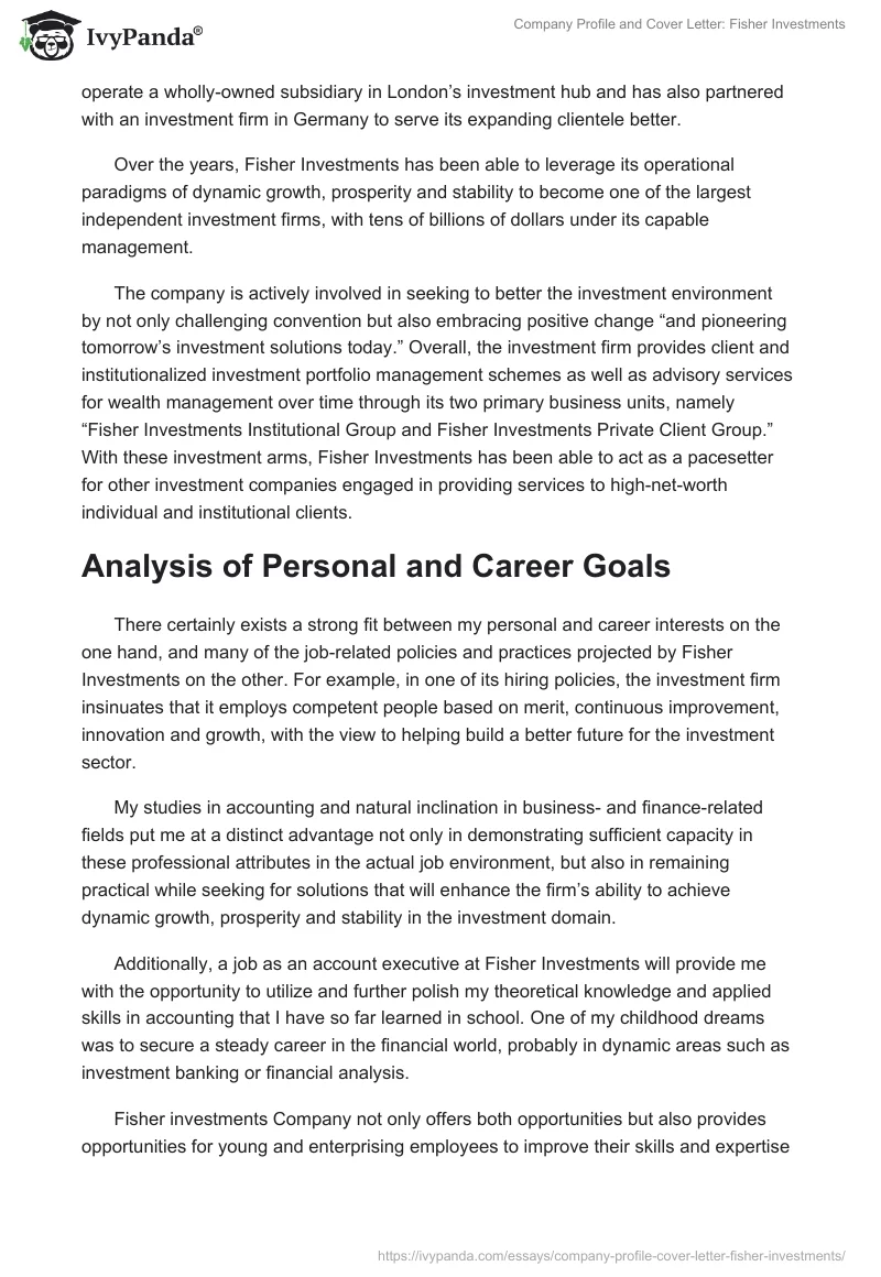 Company Profile and Cover Letter: Fisher Investments. Page 3