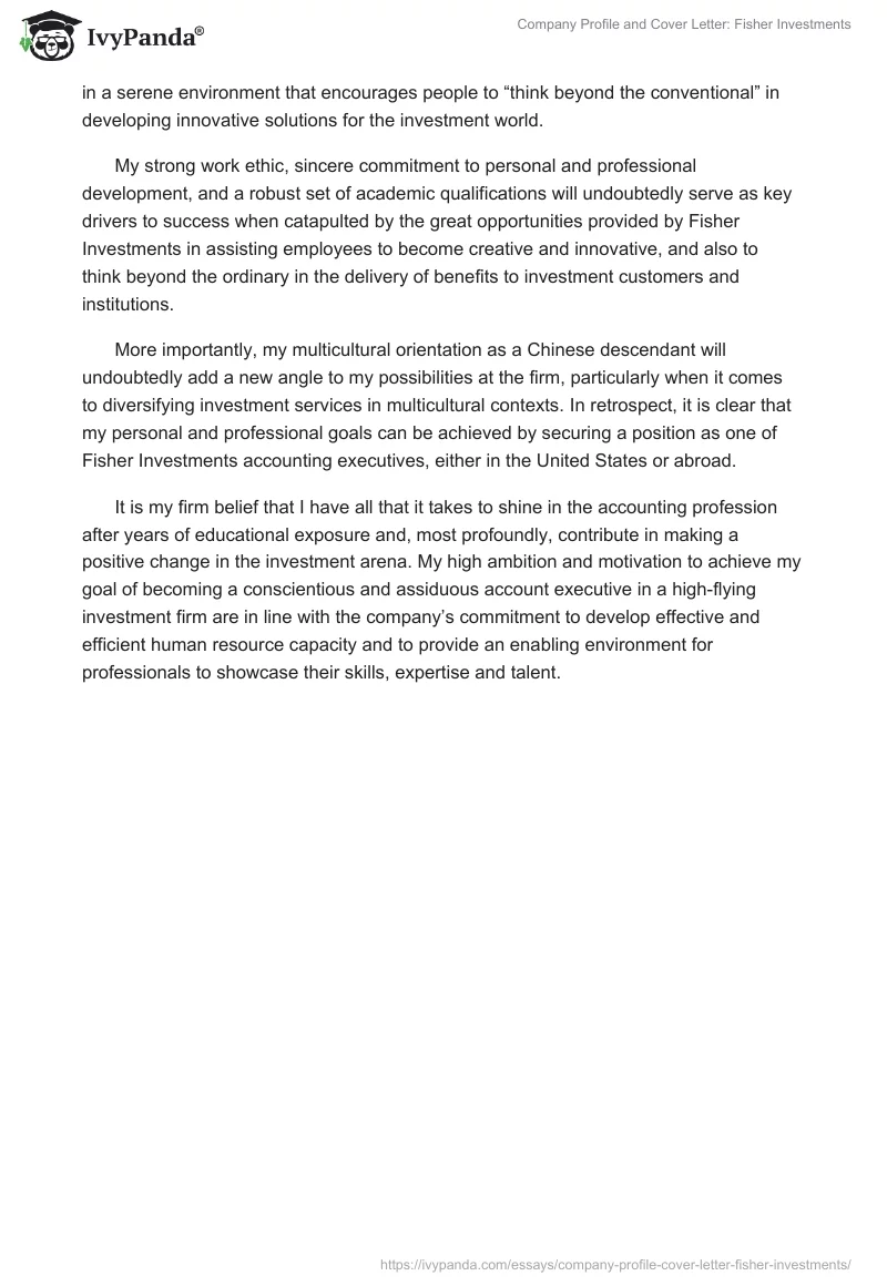 Company Profile and Cover Letter: Fisher Investments. Page 4