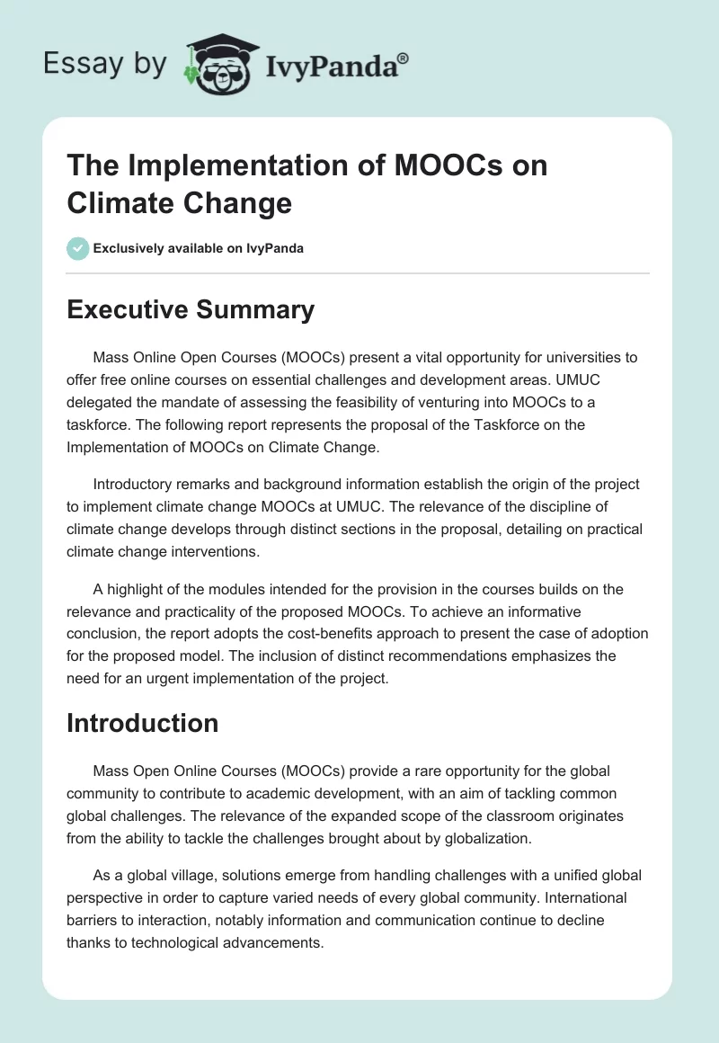 The Implementation of MOOCs on Climate Change. Page 1
