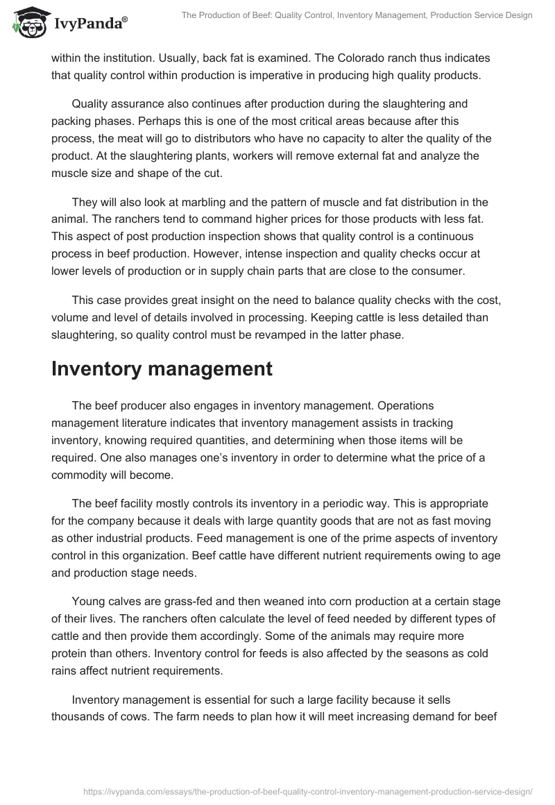 The Production of Beef: Quality Control, Inventory Management, Production Service Design. Page 2
