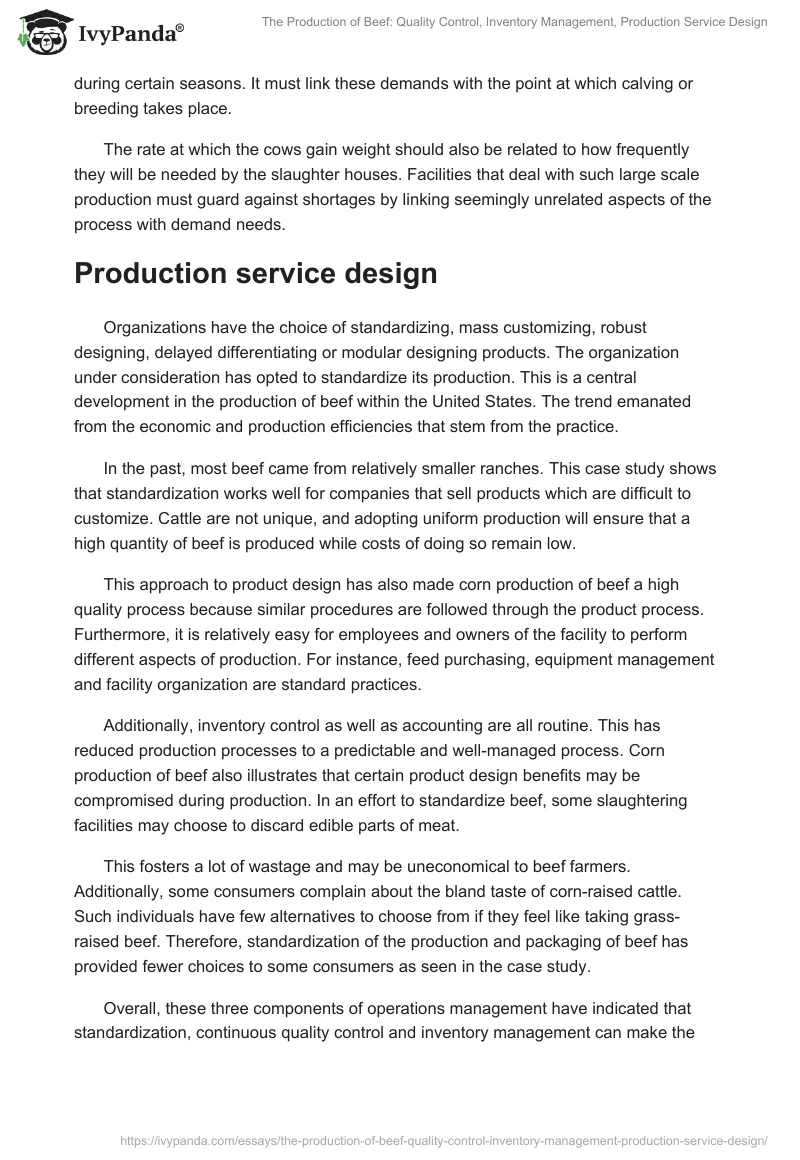 The Production of Beef: Quality Control, Inventory Management, Production Service Design. Page 3
