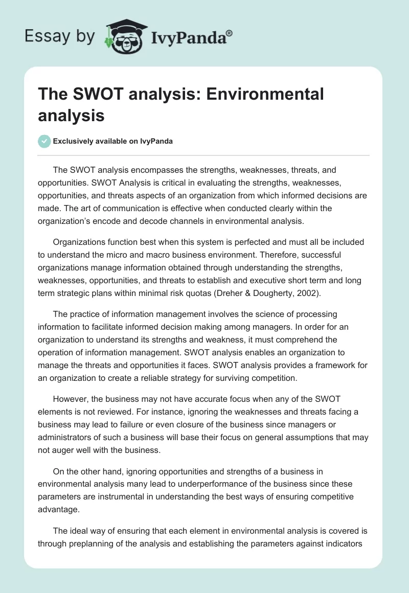 The SWOT analysis: Environmental analysis. Page 1