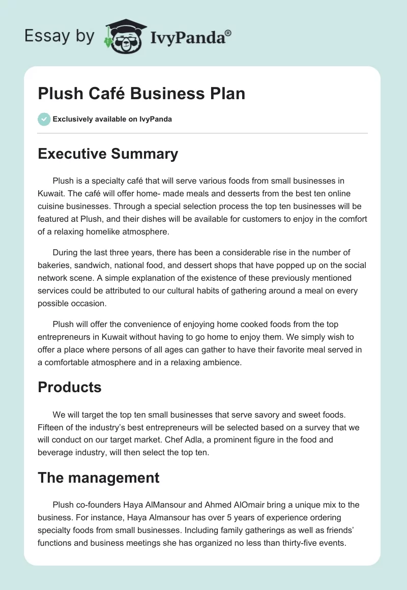 Plush Café Business Plan. Page 1