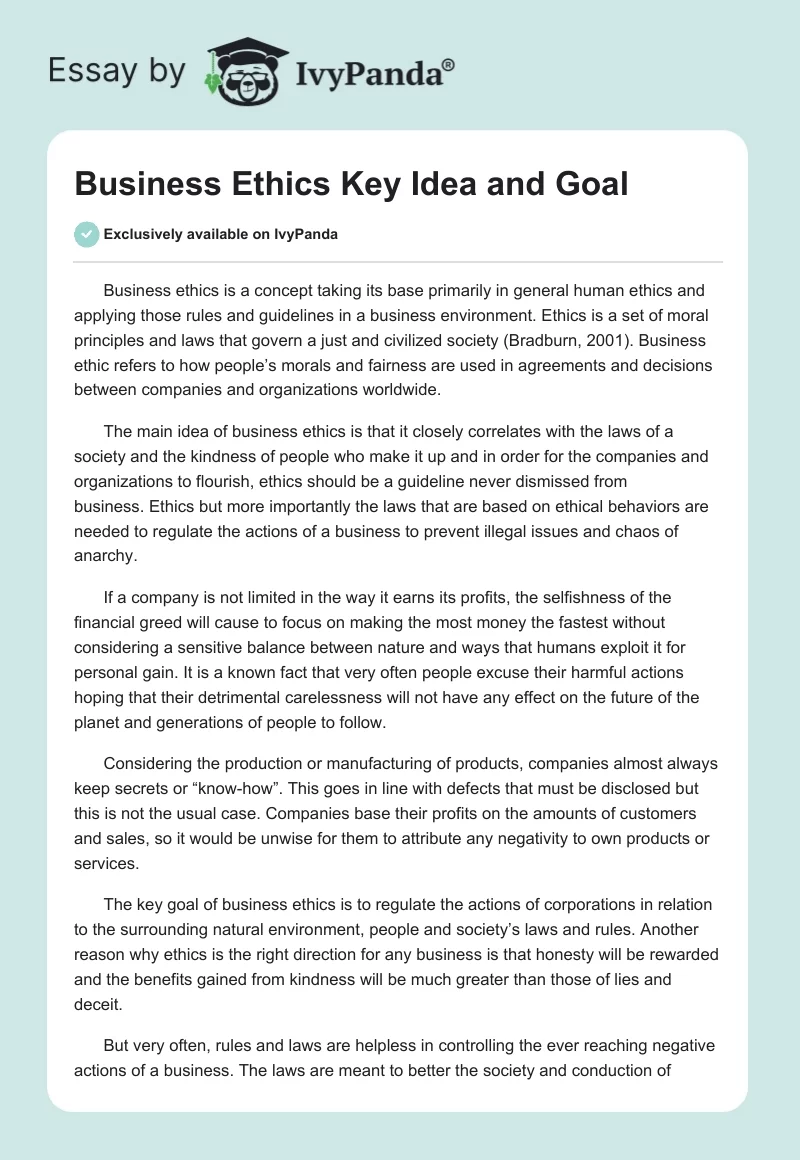 Business Ethics Key Idea and Goal. Page 1