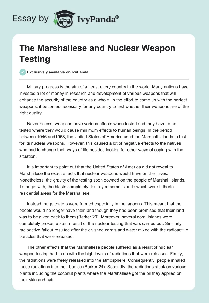The Marshallese and Nuclear Weapon Testing. Page 1