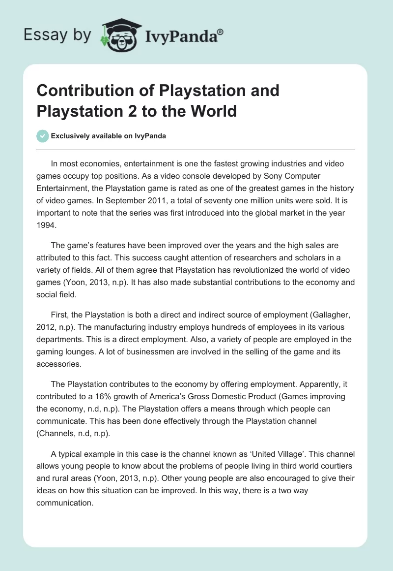 Contribution of Playstation and Playstation 2 to the World. Page 1