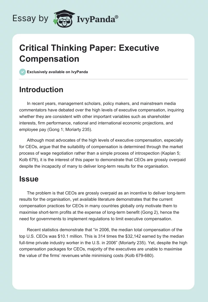 Critical Thinking Paper: Executive Compensation. Page 1