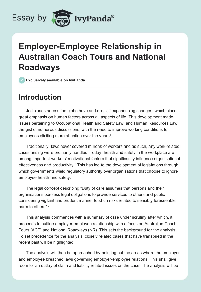 Employer-Employee Relationship in Australian Coach Tours and National Roadways. Page 1