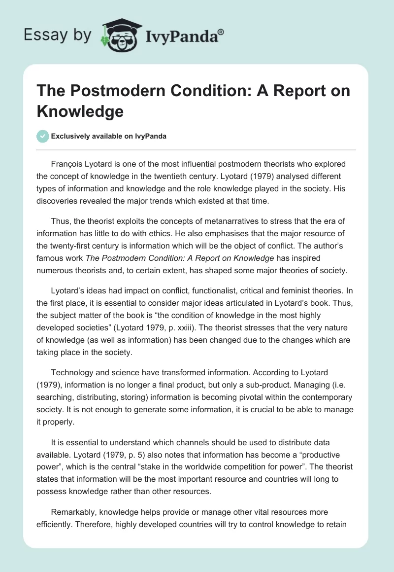 The Postmodern Condition: A Report on Knowledge. Page 1