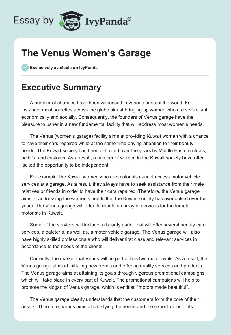 The Venus Women’s Garage. Page 1