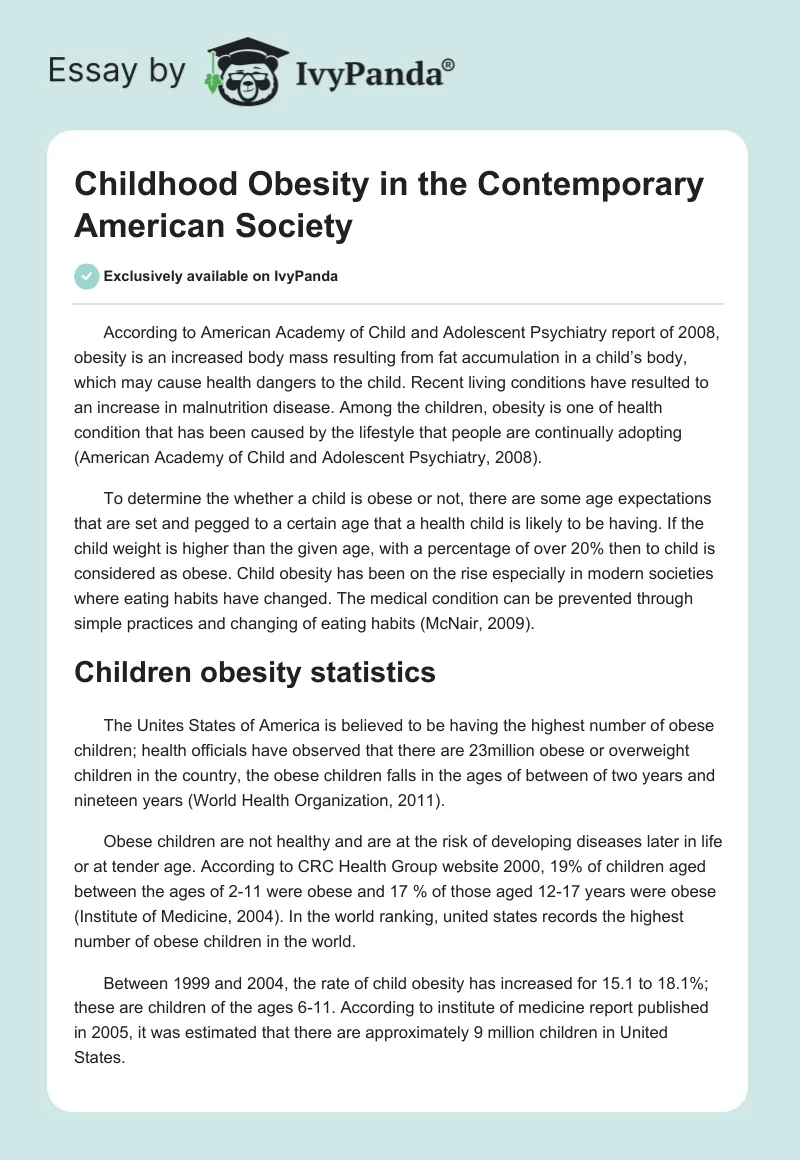 Childhood Obesity in the Contemporary American Society. Page 1