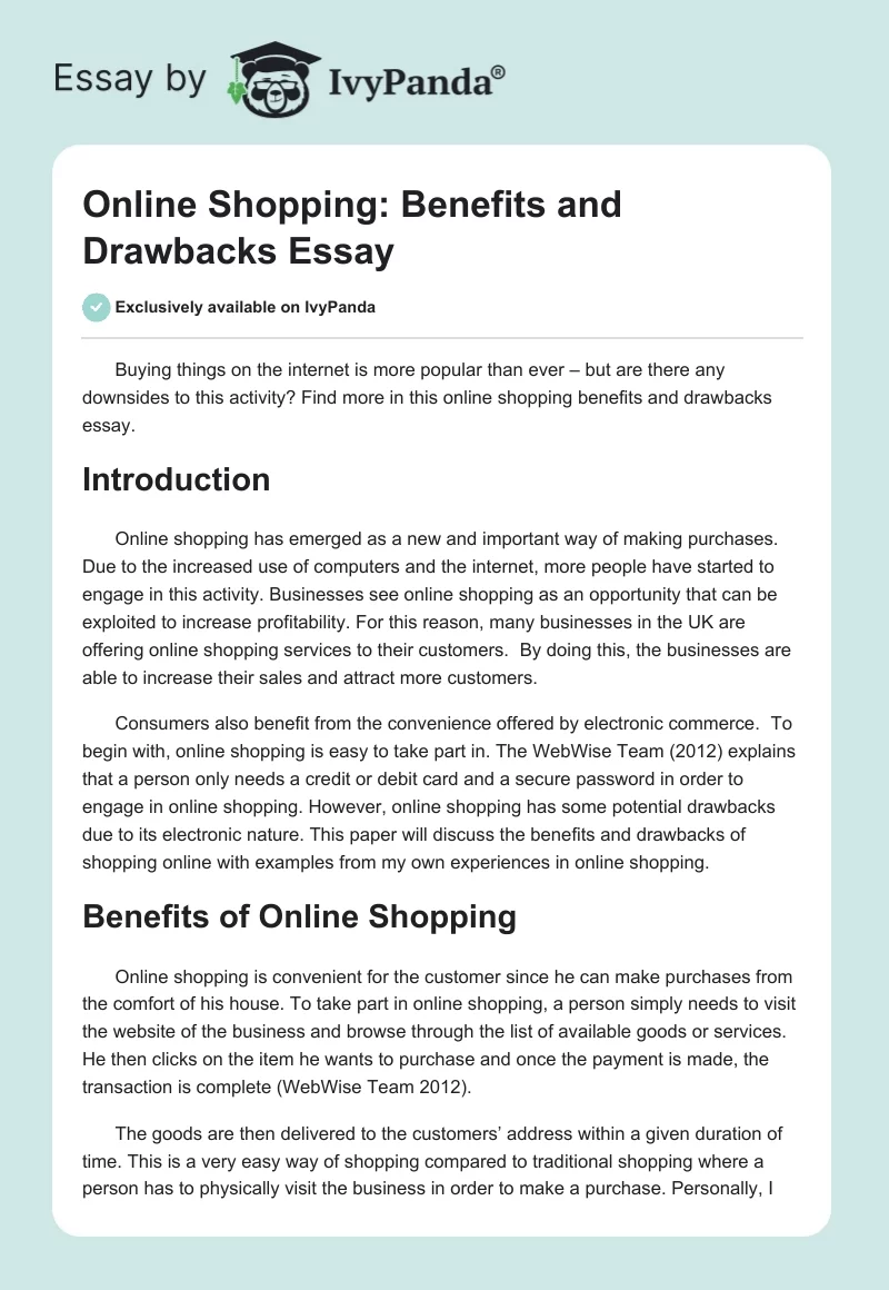 Online Shopping: Benefits and Drawbacks Essay. Page 1