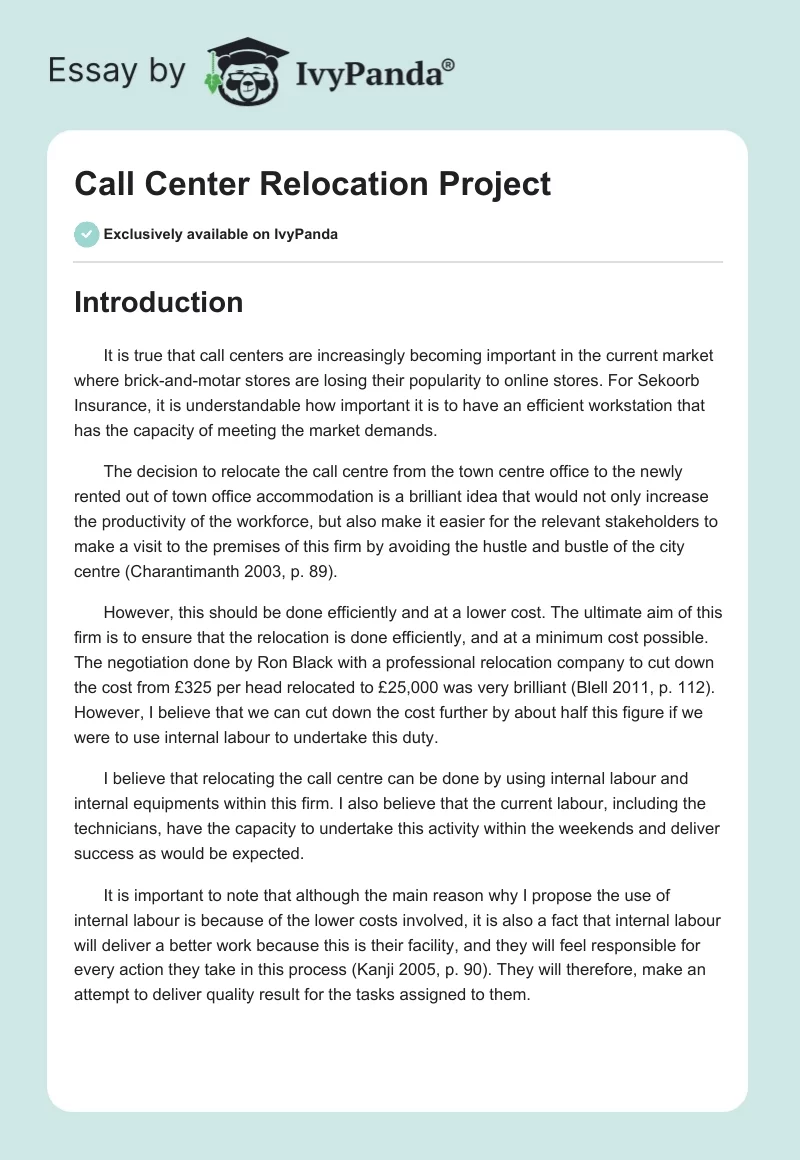 Call Center Relocation Project. Page 1