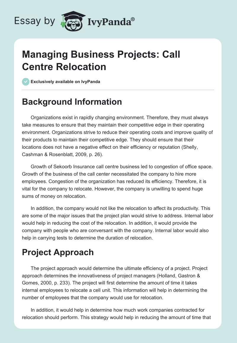 Managing Business Projects: Call Centre Relocation. Page 1