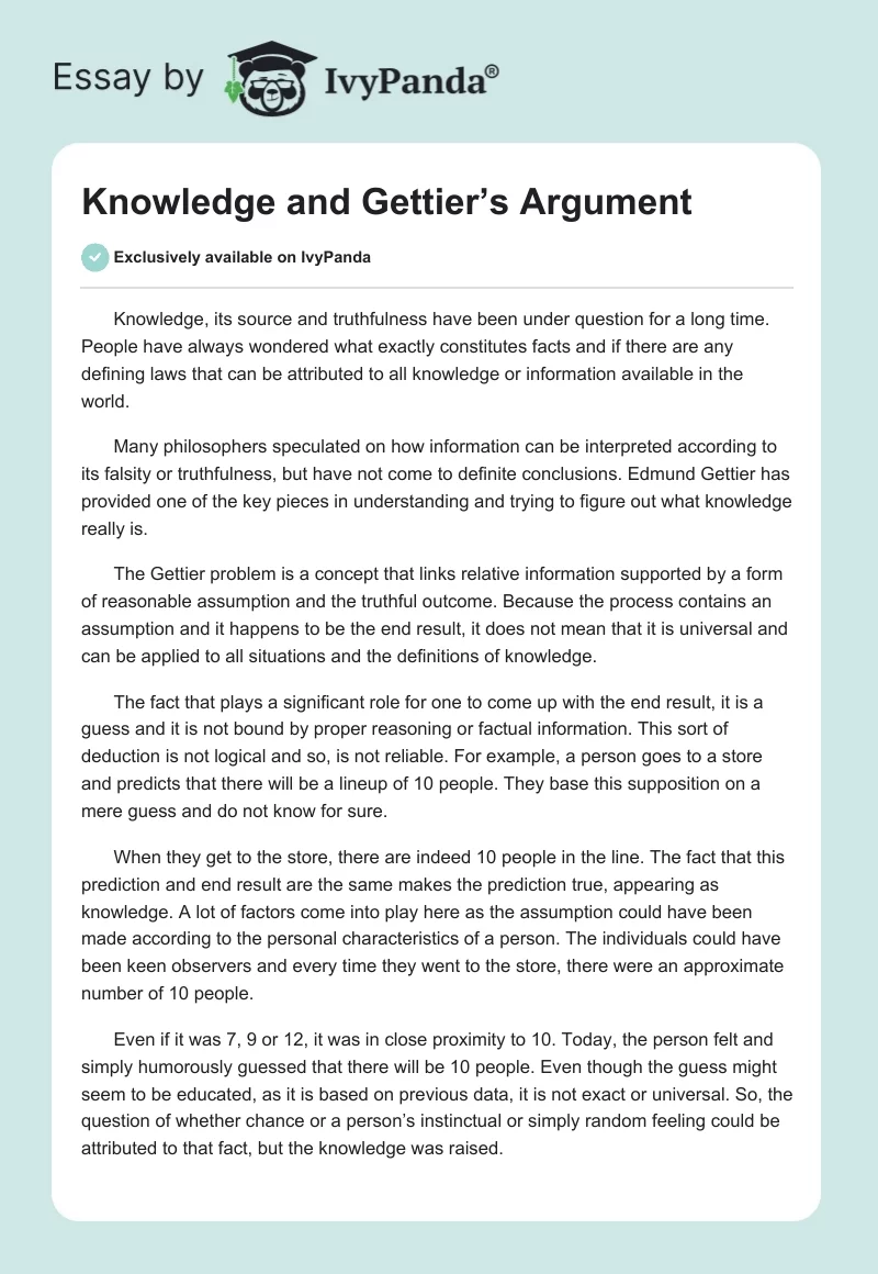 Knowledge and Gettier’s Argument. Page 1