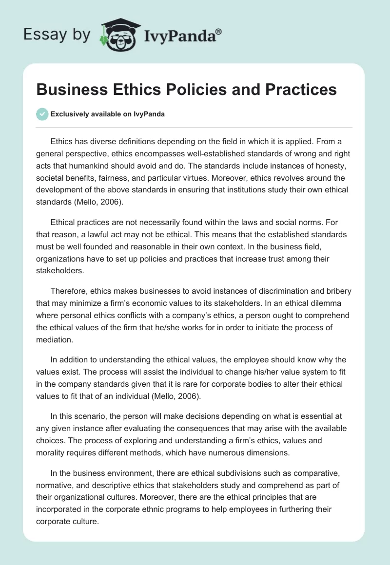 Business Ethics Policies and Practices. Page 1