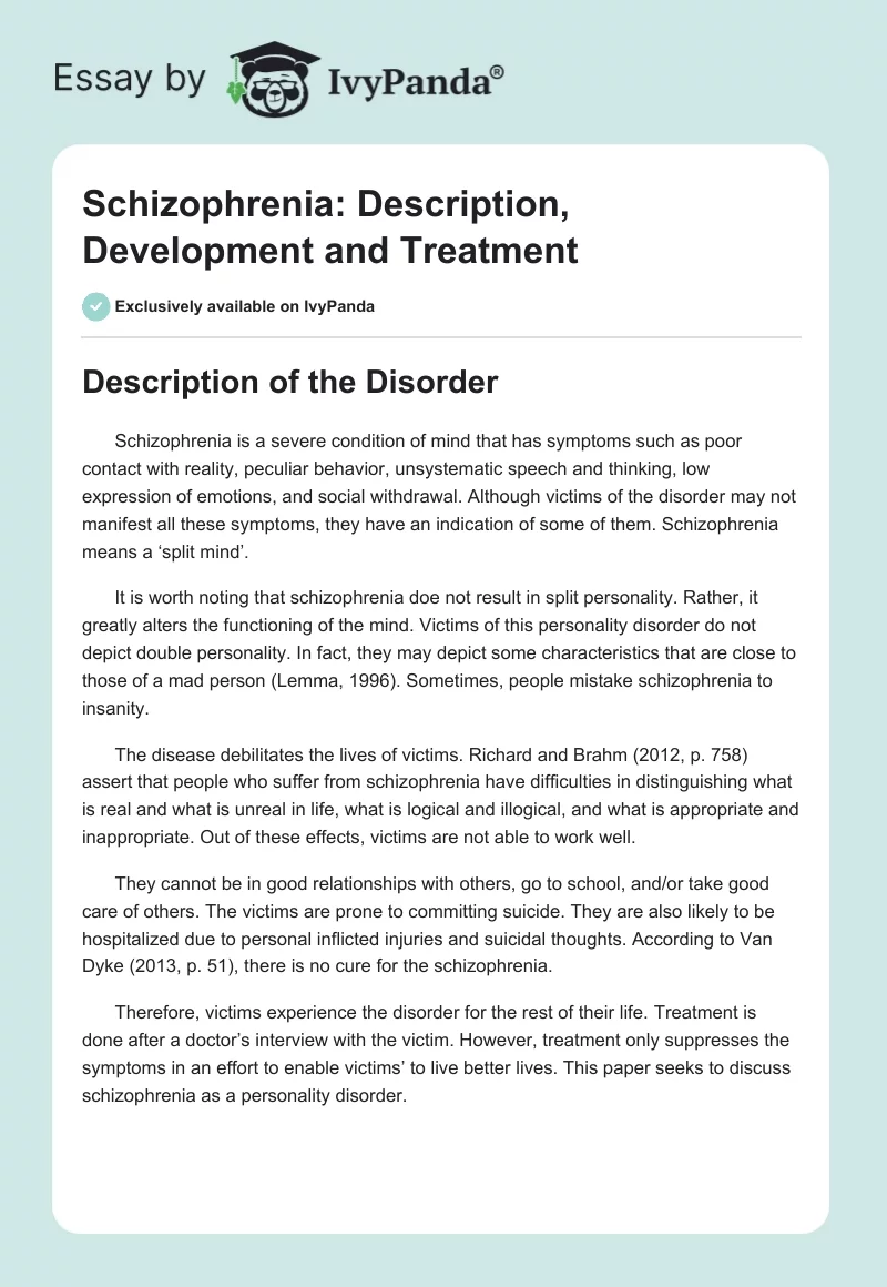 Schizophrenia: Description, Development and Treatment. Page 1